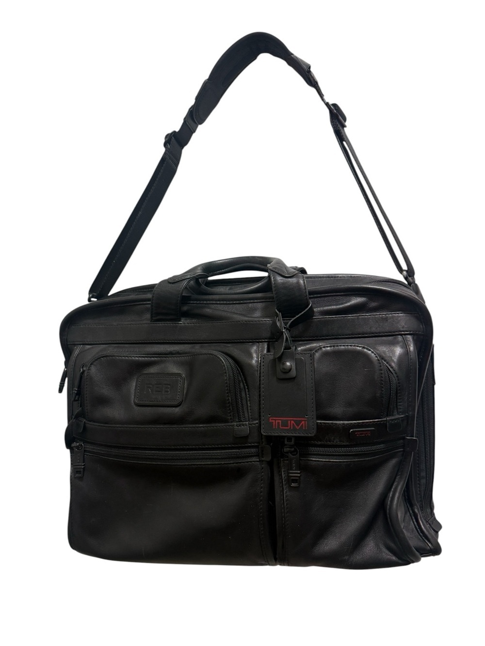 Tumi Black Leather Laptop Briefcase with Shoulder Strap